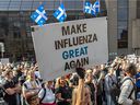Montréal residents protested against vaccination mandates in Montréal on Saturday, Oct. 9, 2021, as a court appeal will be filed to temporarily halt the province's suspension without pay of all unvaccinated healthcare workers.