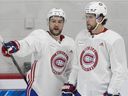 Canadiens' Jonathan Drouin, left, talks to Josh Anderson during practice last month.  After dealing with anxiety and insomnia issues, Drouin has had a solid training camp and appears ready for the season to begin.