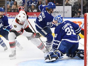 Ottawa forward Egor Sokolov tries to score on Leafs goalkeeper Jack Campbell on Saturday.  Contract talks between Brady Tkachuk and the senators continue.