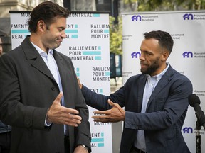 Balarama Holness of Movement Montreal and Marc-Antoine Desjardins, left, of Ralliement pour Montréal joined forces in a bid for city hall.