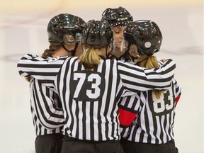 Referees Grace Barlow and Megan Howes, with linesmen Melissa Brunn and Colleen Geddes, will officiate a BCHL Junior A game between Langley Rivermen and Surrey Eagles at South Surrey Arena on October 17.