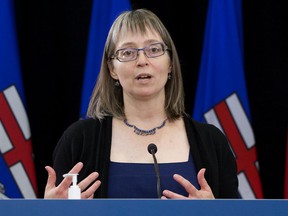 Alberta's Chief Medical Officer for Health Dr. Deena Hinshaw provides an update on the province's response to the fourth wave of the COVID-19 pandemic during a news conference in Edmonton on September 15, 2021.