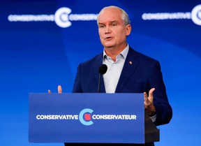 Conservative party leader Erin O'Toole speaks at a press conference in Ottawa on September 21, 2021.