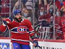 Canadiens' Mathieu Perreault celebrates his goal during the second period against the Detroit Red Wings at the Bell Center on Saturday, Oct. 23, 2021, in Montreal.