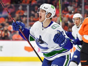 Vancouver Canucks rookie Vasily Podkolzin celebrates his first career NHL goal in Philadelphia against the Flyers.