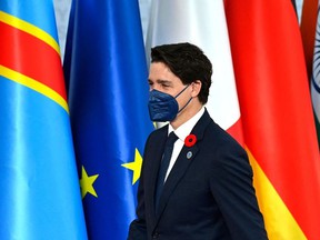 Canadian Prime Minister Justin Trudeau arrives for the G20 World Leaders Summit on October 30, 2021 at the convention center 
