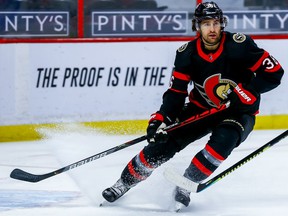 Ottawa Senators center Colin White in action against the Winnipeg Jets during the NHL third period of action at Canadian Tire Center, January 21, 2021.
