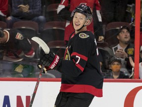 Senators winger Brady Tkachuk, making his season debut, smiles during the first period of Thursday's game against the Sharks.