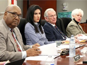 Mike Ray, second from right, appears October 25, 2018, with Windsor Police Services Board members Graston Franklyn, left, Sophia Chisholm and Jo-Anne Gignac during a public meeting at headquarters Windsor Police.