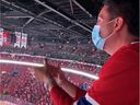 Robert Hing, a Calgary Canadiens fan, cheers on the team during Game 3 of the Stanley Cup Final against the Tampa Bay Lightning at the Bell Center.