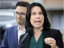 Valérie Plante speaks as Robert Beaudry, Montreal's Ville-Marie district councilor, on Wednesday, September 22, 2021.