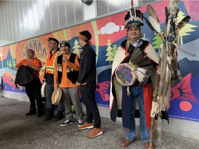Gyauustees, chief of medicine and road man from Nuu-chah-nulth, Coast Salish and Kwakwakawakw, travels extensively with his staff of world peace walkers, the eagle head and condor feathers symbolizing the unity of indigenous peoples from South, Central and North America.