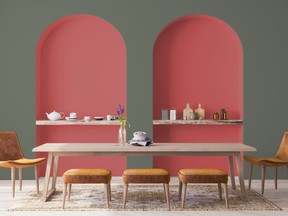 Dramatic wall colors are on the way for 2022. Warm Hugs (pink-red) and Sanctuary (green) from BeautiTone, HomeHardware.ca