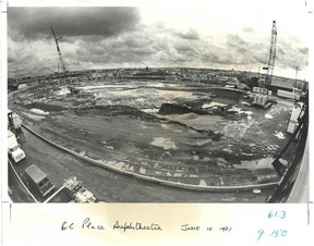 Photo by Peter Hulbert of the construction of the BCPlace stadium on June 11, 1981, after construction workers left work due to concerns about the 