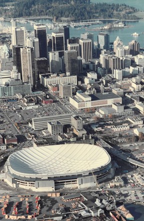 Photo by Peter Hulbert of the construction of the BCPlace stadium after the roof was in place but not yet inflated.  No date, but probably November 1982 - The roof was inflated on November 14, 1982.
