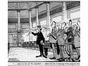 Cartoon by Len Norris from July 17, 1952 about the new government of British Columbia Social Credit.
