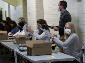 Ballot processors prepare municipal ballots to be counted at the Prince of Wales Armory on Monday 18 October 2021 in Edmonton.