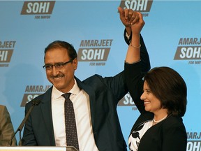 Amarjeet Sohi celebrates with his wife Sarbjeet at the Matrix Hotel in Edmonton on Monday, October 18, 2021 after being elected mayor of Edmonton.