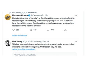 Elections Alberta apologized to its Twitter followers after an exchange with another Twitter user during the province-wide civic elections on Monday, October 18, 2021.
