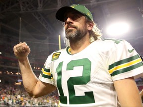 Aaron Rodgers of the Green Bay Packers leaves the field after a game against the Arizona Cardinals at State Farm Stadium on October 28, 2021 in Glendale, Arizona.