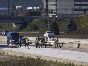 An aircraft made an emergency landing on Highway 407, near Woodbine Ave. in Markham, on Wednesday, Oct. 27, 2021.