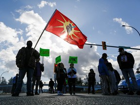 Supporters of the Wet'suwet'en Nation's hereditary chiefs block the Pat Bay Highway as part of protests against the Coastal GasLink pipeline in February 2020.