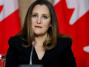 Canadian Finance Minister Chrystia Freeland attends a press conference on Parliament Hill in Ottawa on April 19, 2021.