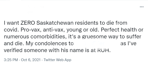 A USask faculty member posted this tweet revealing a known opponent of COVID-19 restrictions for being in a COVID-19 hospital ward.