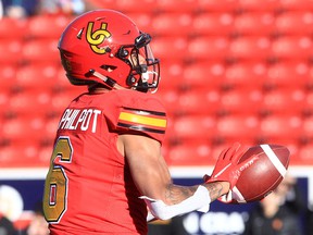 Dino's Tyson Philpot catches a pass and makes his third touchdown of the game during the second half of the action as Calgary Dino defeats the visiting UBC Thunderbirds 53-14 at McMahon Stadium.  Saturday, October 30, 2021.