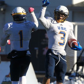 UBC wide receiver Jason Soriano celebrates scoring a touchdown during the second half of action as Calgary Dino defeats visiting UBC Thunderbirds 53-14 at McMahon Stadium.  Saturday, October 30, 2021.