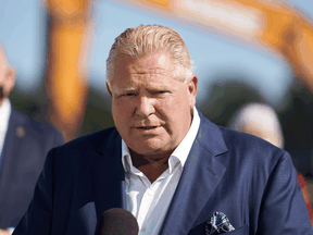 Ontario Prime Minister Doug Ford makes a funding announcement in Windsor, Ontario, on October 18, 2021.