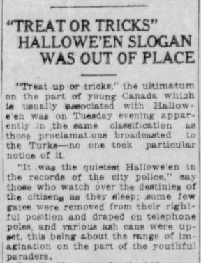 An Edmonton Bulletin article dated November 2, 1922 is the first printed recording of the popular Halloween ultimatum.  Photo Supplied / Newspapers.com