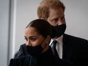 Prince Harry and Meghan Markle, the Duke and Duchess of Sussex, visit the One World Trade Center observation deck in New York on September 23, 2021. 