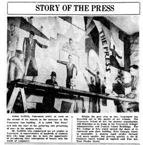 Artist Julius Griffith working on his mural The Press in the Vancouver Sun lobby at 125 West Pender, November 11, 1933. The mural was probably destroyed in a fire in March 1937.