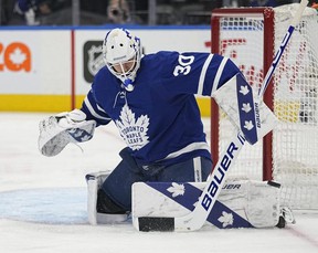 A sloppy second period (four goals on 13 total shots) marred Leafs goalkeeper Michael Hutchinson's first outing.  USA TODAY SPORTS