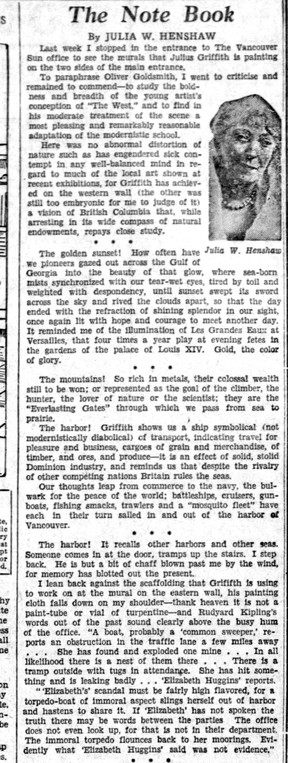 Julia Henshaw of The Vancouver Sun wrote about Julius Griffith's mural on November 2, 1933.
