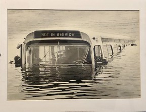 Peter Hulbert's most famous photo was an October 28, 1974 shot of a stolen BC Hydro bus pulled out of the water by Cates Park in North Vancouver.  The destination sign says 