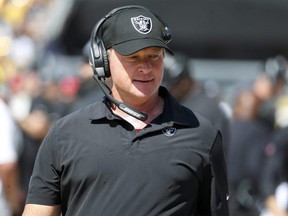 Raiders head coach Jon Gruden watches in a game against the Steelers at Heinz Field in Pittsburgh on September 19, 2021.
