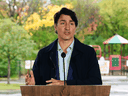 Prime Minister Justin Trudeau speaks during a press conference while visiting the Children's Hospital of Eastern Ontario in Ottawa on October 21, 2021.