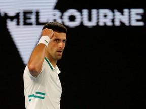 Novak Djokovic reacts during his last match against Daniil Medvedev at the Australian Open, in Melbourne, on February 21, 2021.