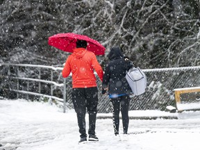 Pedestrians make their way through the snow.