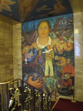 Diego Rivera's 1930-31 mural The Allegory of California.  The mural was painted on the grand staircase between the 10th and 11th floors of the dining room of the San Francisco Stock Exchange, which is now the private City Club.