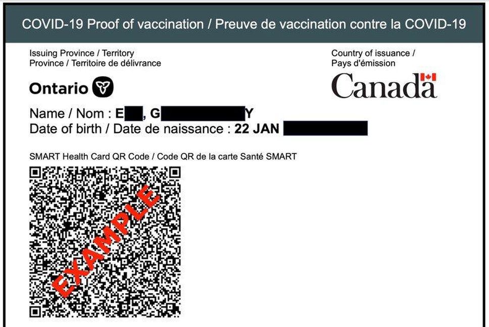 A sample of the Ontario QR Code proof of vaccination.