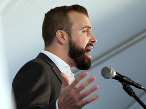 Aaron Gunn delivers a speech during a leadership campaign in Victoria.  Gunn was kicked out of the race on Friday by executives from the BC Liberal Party.