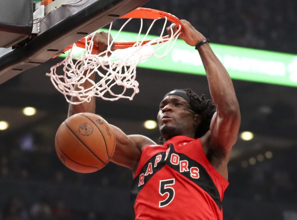 Toronto Raptors forward Precious Achiuwa has an easy dunk in the season opener against the Washington Wizards in the season opener at Scotiabank Arena on Wednesday.