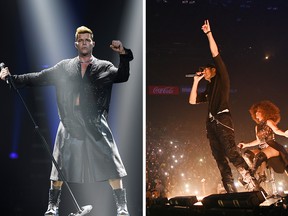 Ricky Martin, left, and Enrique Iglesias performing on stage at the MGM Grand Garden Arena on September 25, 2021 in Las Vegas, Nevada.