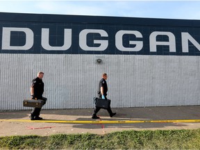 Police work at the scene of a Sunday shooting that left one dead and six injured at Duggan Community Hall, 3728 106 St., on Monday, Aug.30, 2021.
