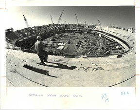 Photo by Peter Hulbert of the construction of BC Place Stadium after the roof was installed.  No date, but probably 1982.