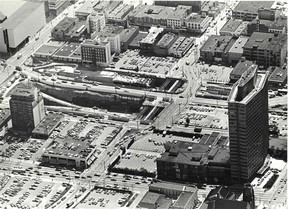 Photo by Peter Hulbert of the Robson Square site, 1970s.