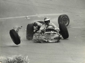 Peter Hulbert was a huge racing fan and took countless photos in his native England and British Columbia.  This photo of a crumbling race car has no information in print.
